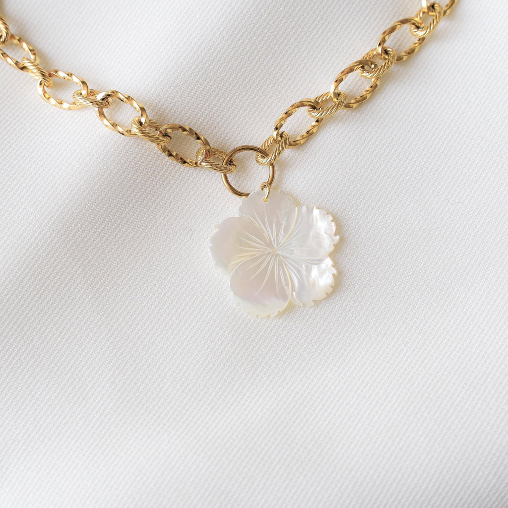 Collier chaîne épaisse | Fleur en Nacre Blanche