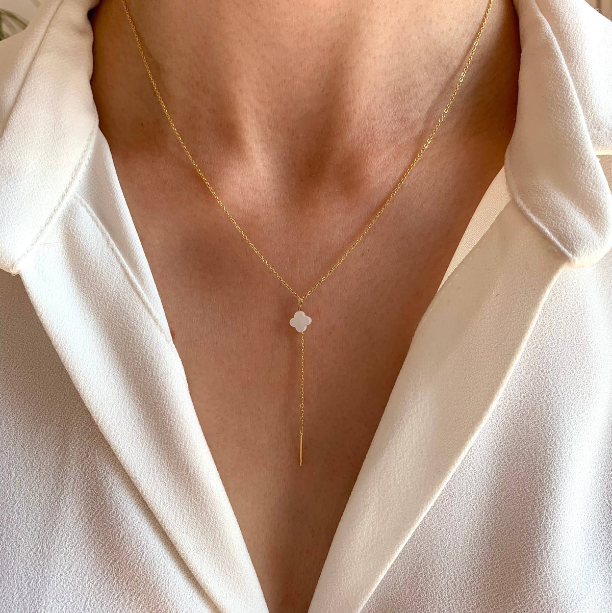 Collier long | Trèfle en Nacre Blanche