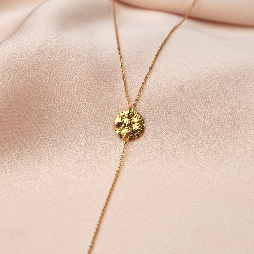 Collier en Y en acier inoxydable pendentif rond martelé