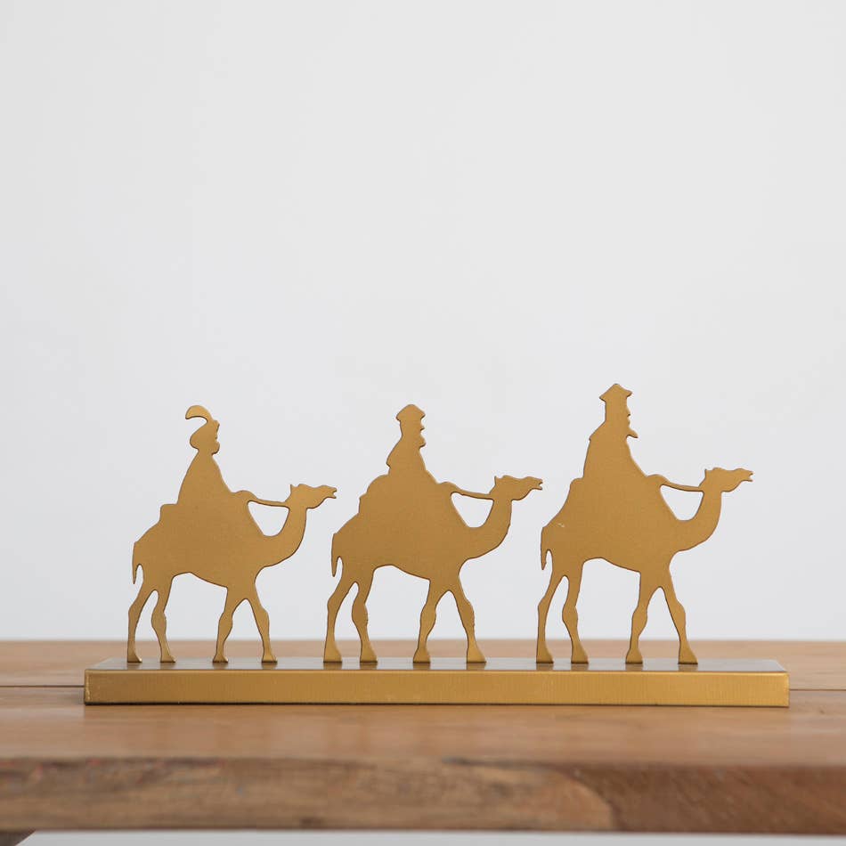 Ornement de Noël en fer doré : les trois rois sur un chameau