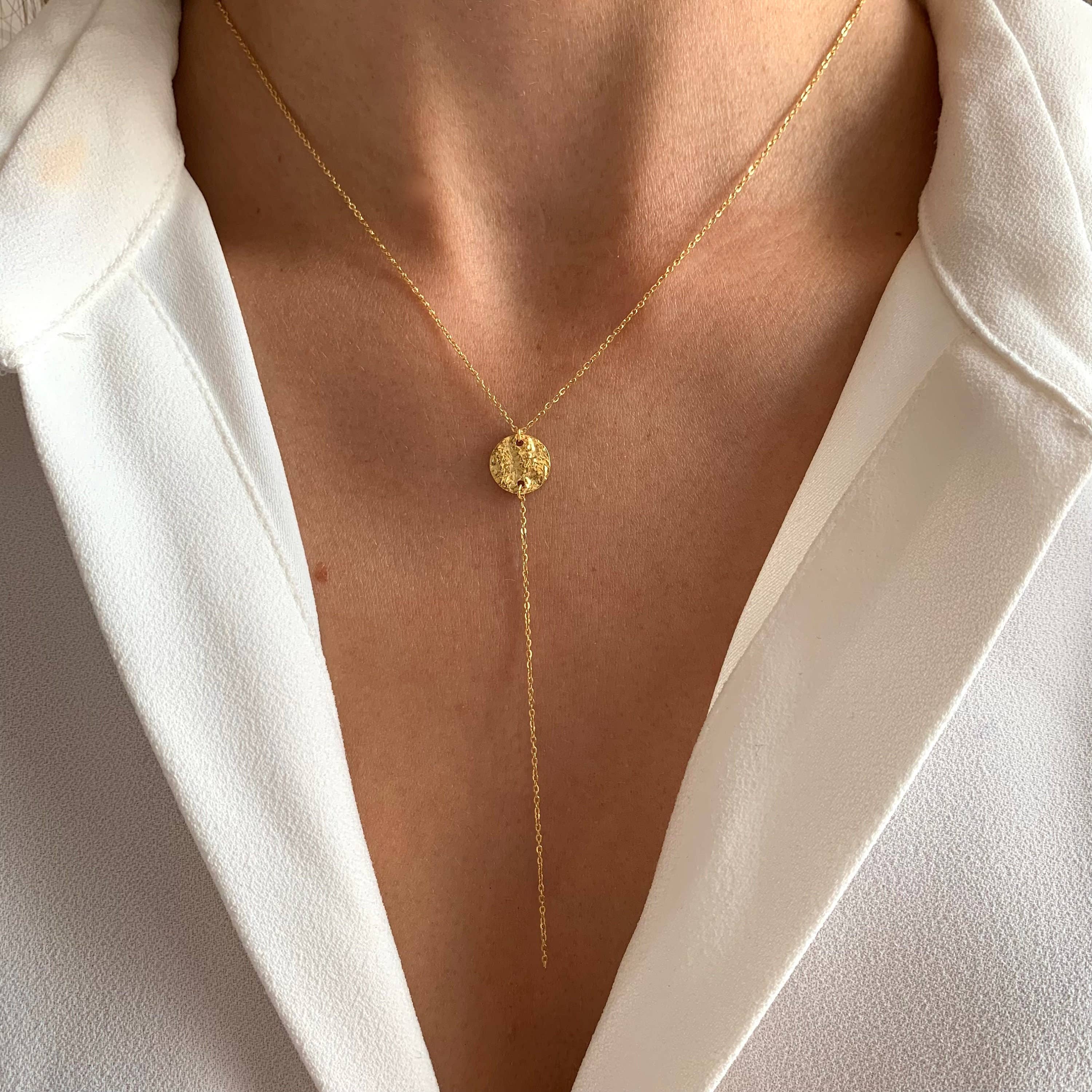 Collier en Y en acier inoxydable pendentif rond martelé